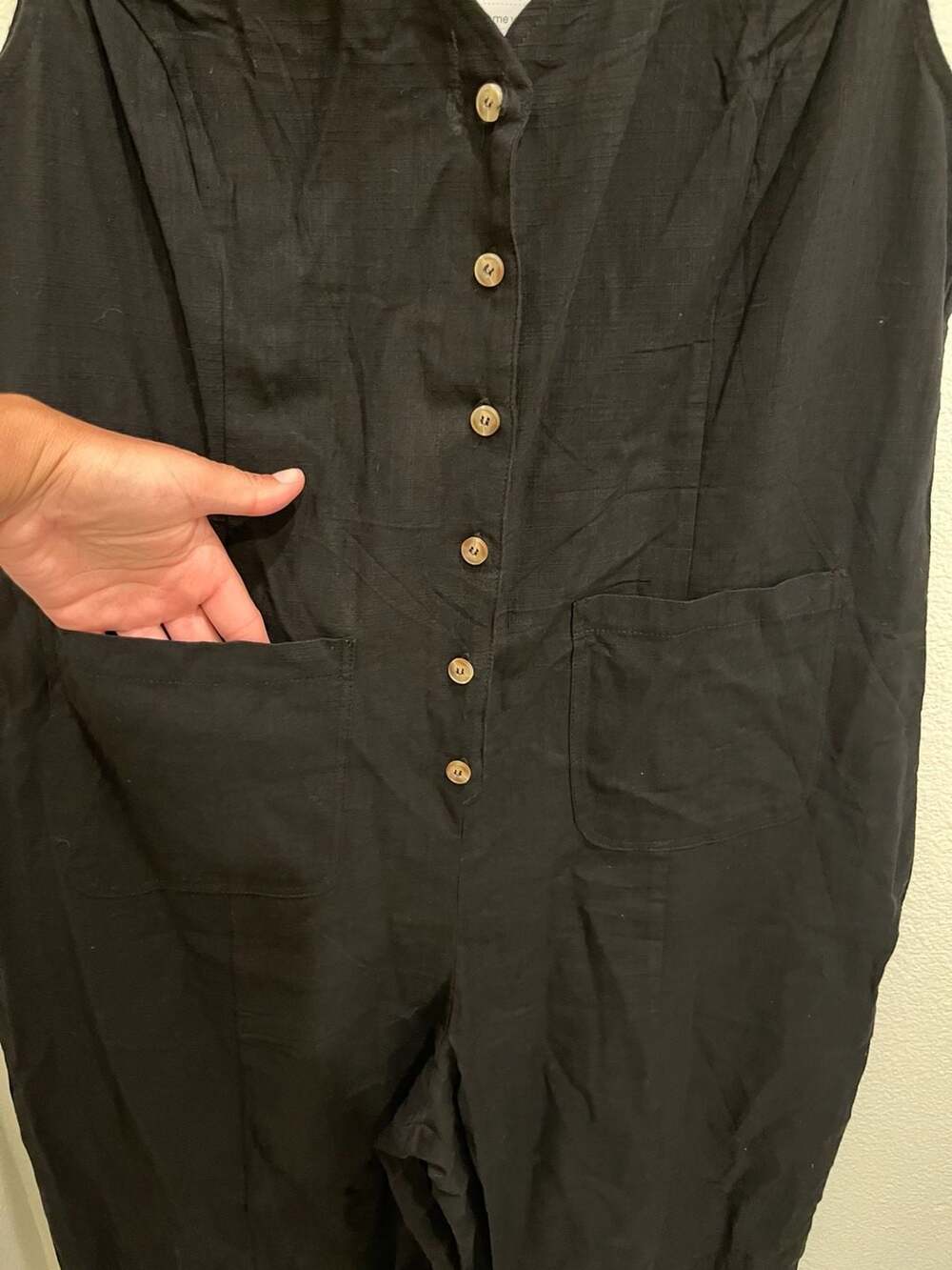 Women's Sleeveless Cotton Linen Blend V-Neck Button-Down Wide-Leg Jumpsuit - Picture 11 of 15